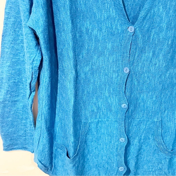 Eileen Fisher Size Medium Blue Linen Blend V Neck Button Cardigan Sweater - Picture 2 of 5